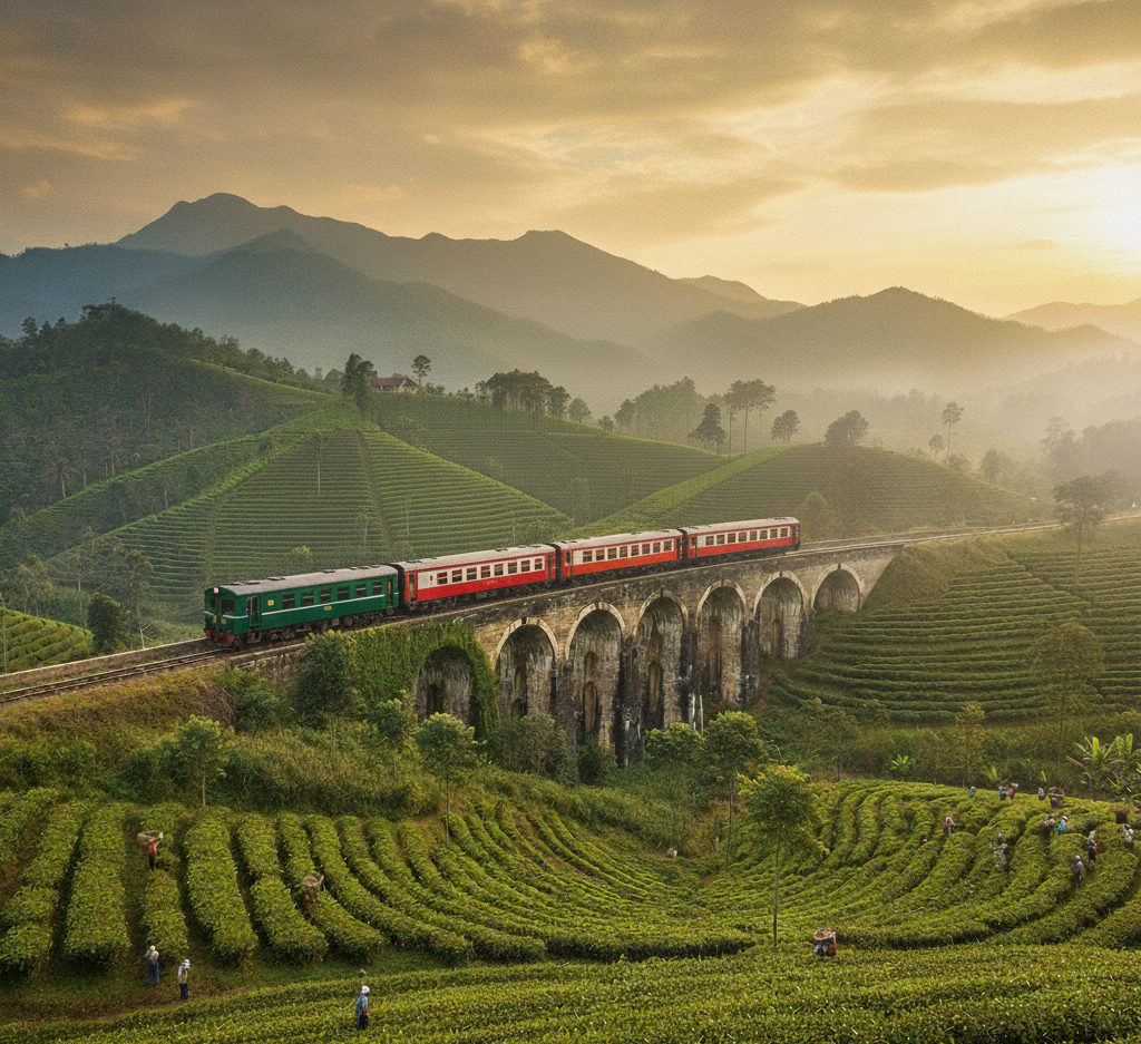 Sri Lanka scenic landscape with tea plantations and train