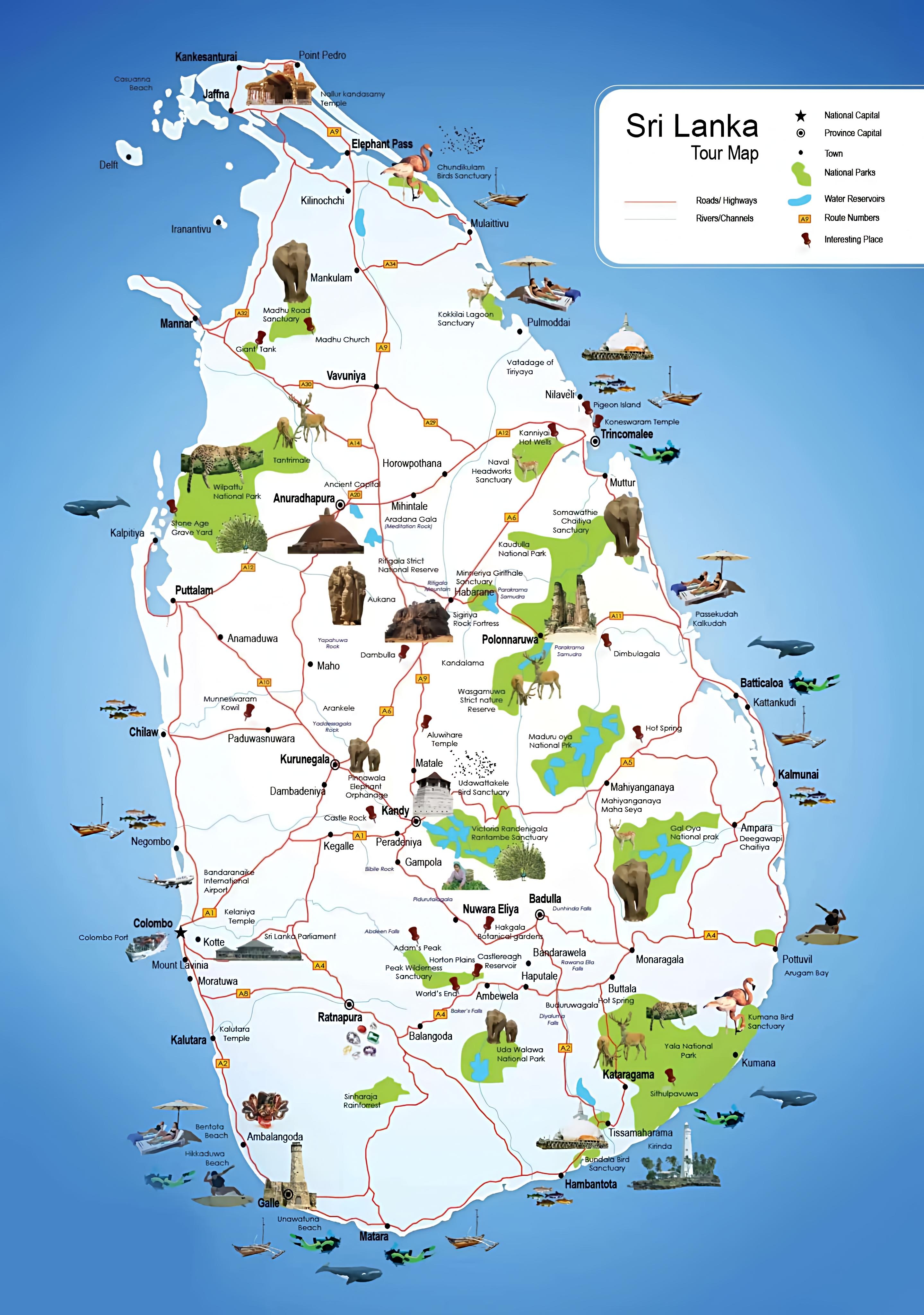 Sri Lanka Tour Map showing destinations, national parks, and attractions